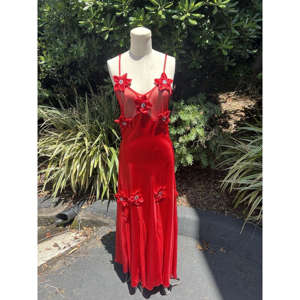 Vintage Y2K Red Satin Maxi Slip Dress Lace Up Rhinestones Lingerie - Picture 2 of 7